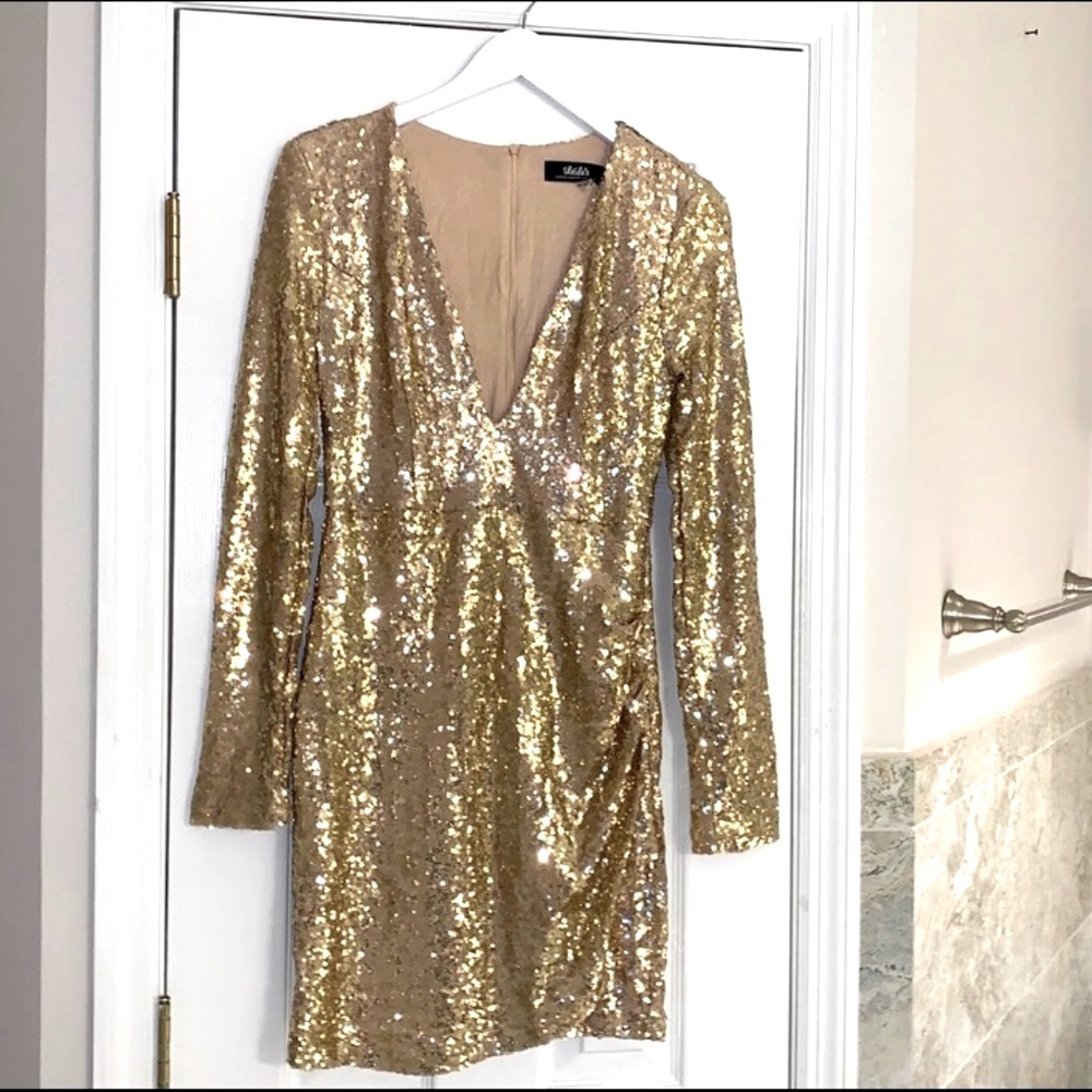 Lulus Gold Sequin long Sleeve Mini Dress
